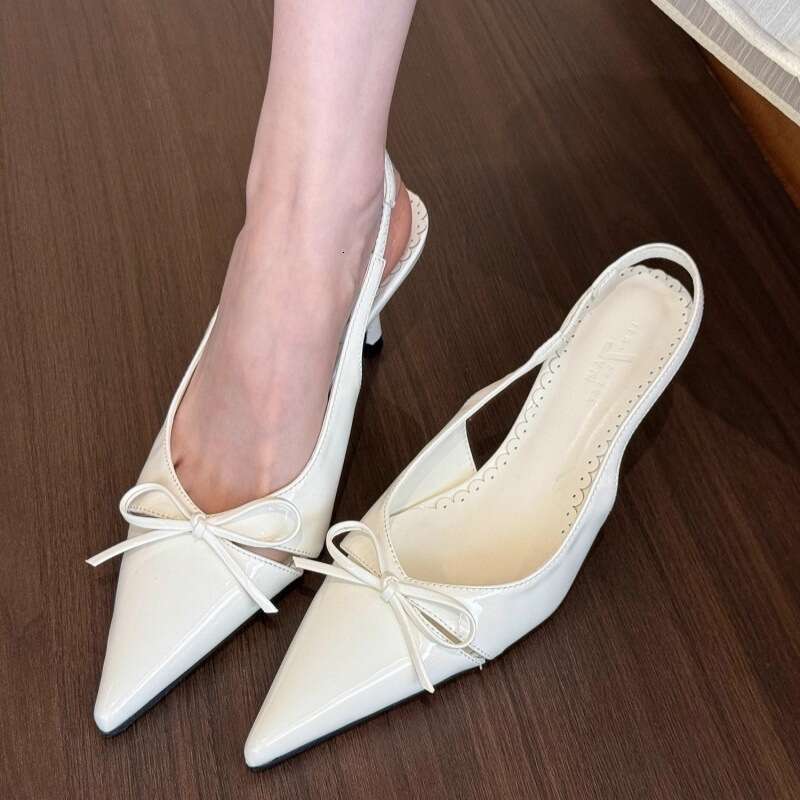 Nude Pointed Toe Bowknot Designer Shoe Women's 2025 Spring New Stunning French Style Shallow Mouth Backless Non-Slip High Heel Sandals