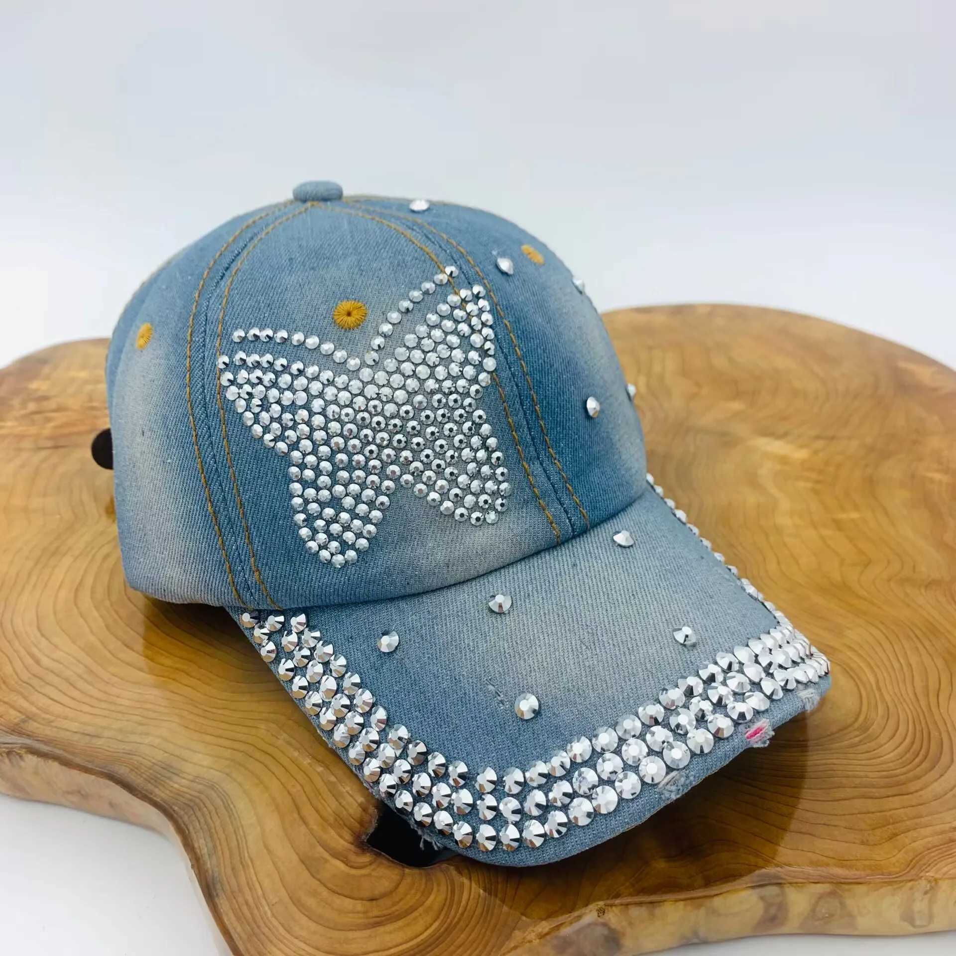 New womens rhinestone inlaid denim fashionable duckbill cap casual face enhancing small adult baseball capW251029