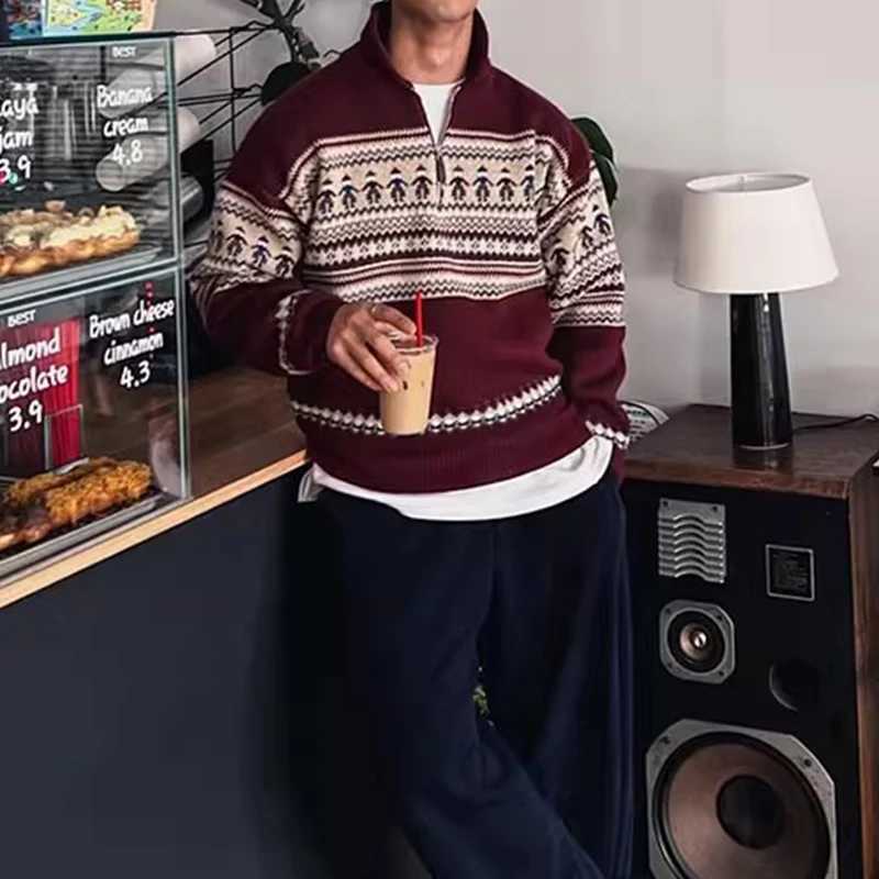 2025 Fall Winter New Casual Mens Knit Jumpers Vintage Pattern Print Knitting Sweater Tops Men Fashionable Lapel Zipper Sweater J2510291