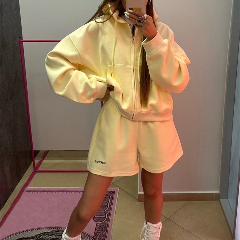 Womens Summer Tracksuit with Shorts Zipper Cotton Oversize Top and Shorts Two Piece Set Casual Sports Yellow Suit for Women 251028