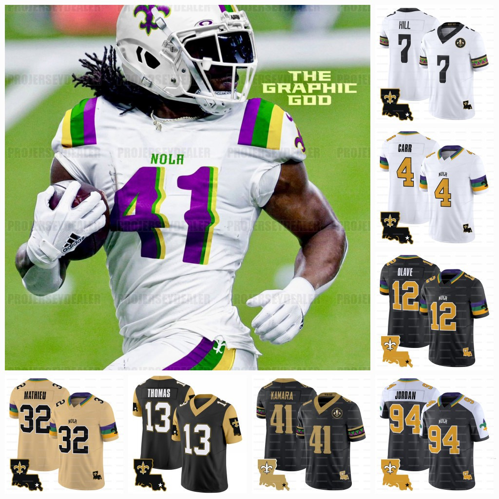 Hot Derek Carr 2024 Football Jersey Alvin Kamara 12 Chris Olave Jamaal Williams Tyrann Mathieu Drew Brees Taysom Hill Saints Thomas Demario Davis Bres