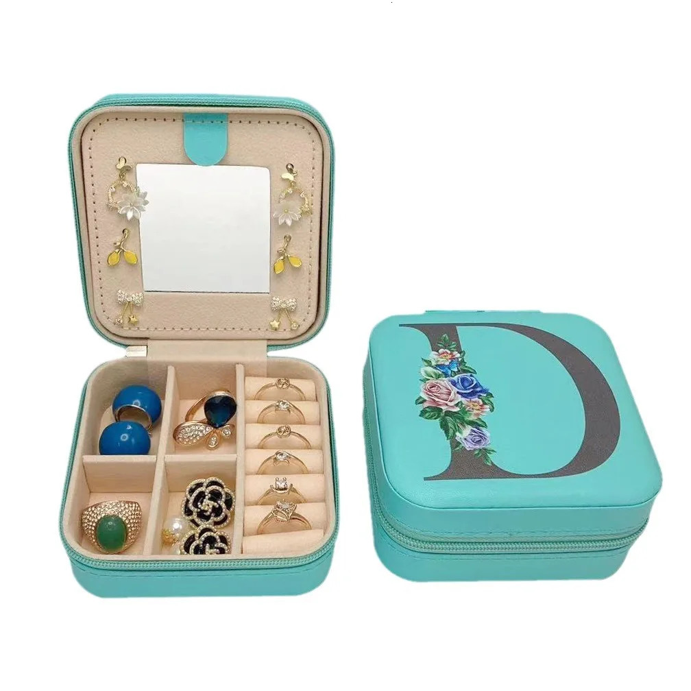 Black Alphabet Flower Print Jewelry Boxes Blue Personalized Box Girls Organizer Case for Wedding Party Gift 251013