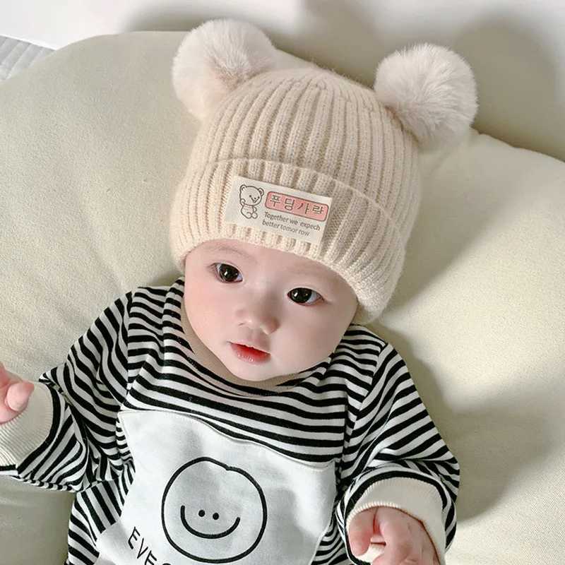 Spring Autumn Winter Baby Hat Cute Baby Double Ball Hat Korean Knitted Hat 02 Year Old Childrens Hat251028