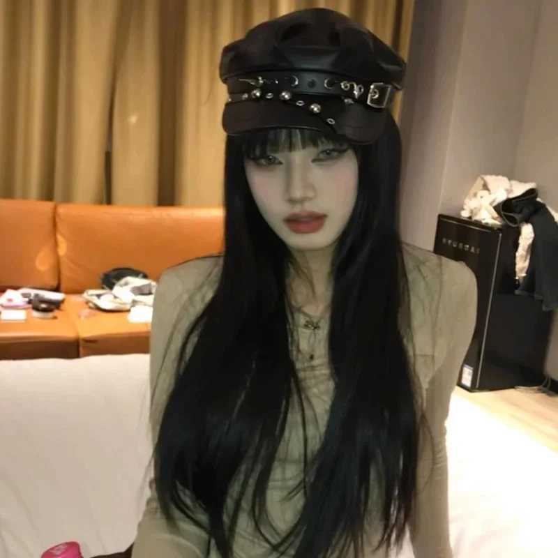 Y2K Wasteland Style Womens Trendy Leopard Rivet Beret Pu Leather Flat Top Captain Military Caps Womens Accessories Boina Mujer