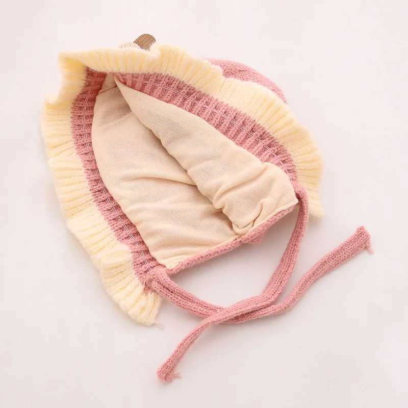 Korean Ruffle Baby Knitted Hat Winter Warm Toddler Ear Protection Cap Cute Solid Color Bow Kids Lacing Hats Bonnet251028