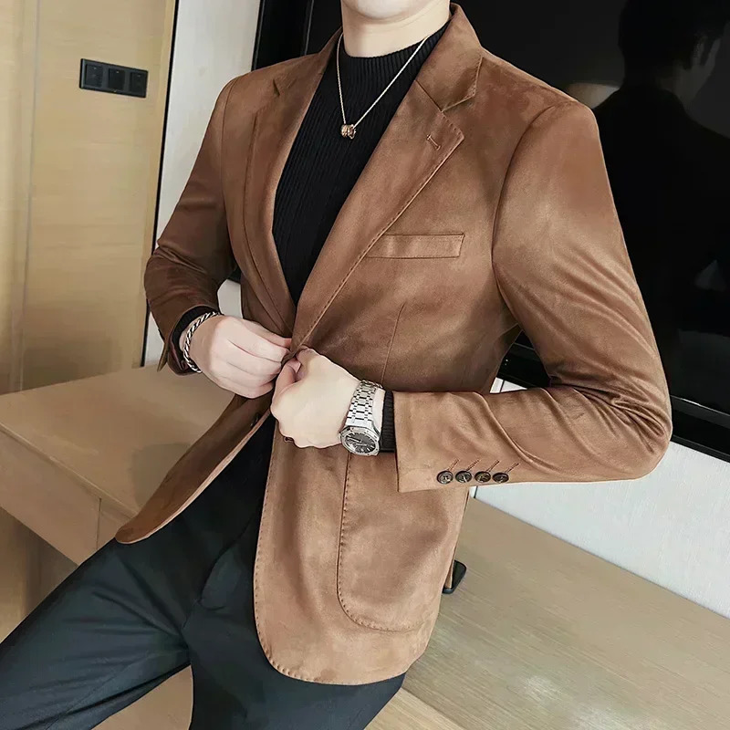 Fashion Slim Men Blazer Highend Deerskin Velvet Thick Solid Color Suit Jacket Gray Dark Green Brown Top Autumn and Winter Coat 251028