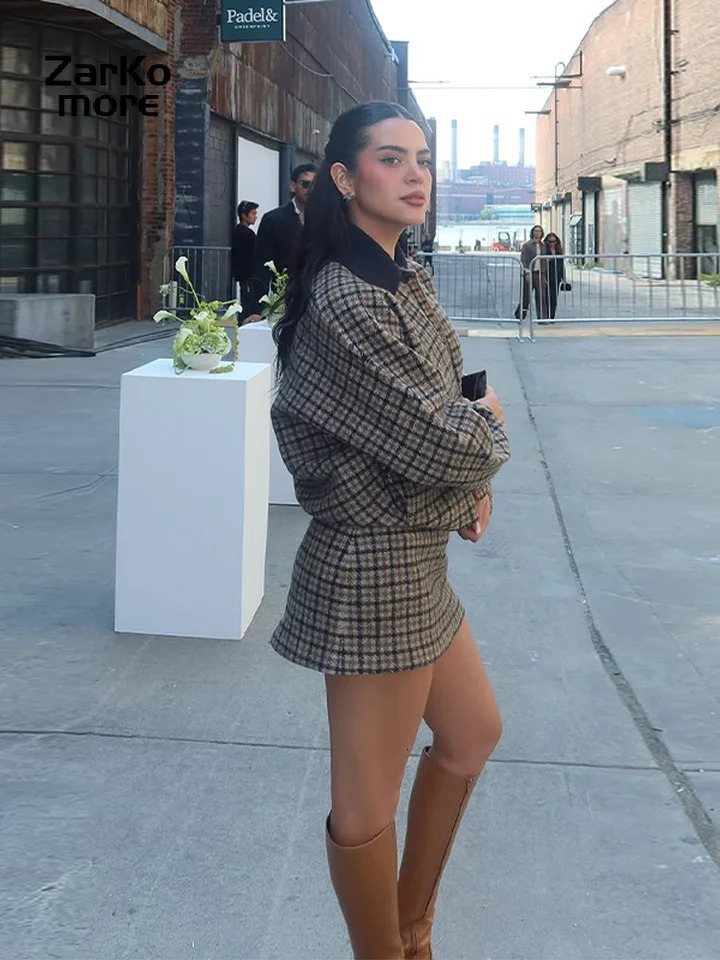 Fashion Contrast Plaid Jacket Skirt Set Women Lapel Single Breast Top Straight Mini Skirt Autumn Winter Lady Chic Suit 251029