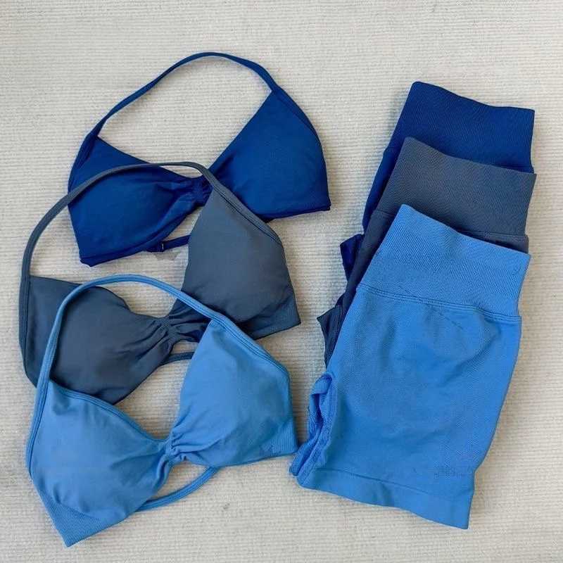 2PCS Yoga Fitness Suit Womens Seamless LaceUp Yoga Bra Top High Waist Workout Scratch Shorts Sports Suit Fitness SuitXJ251029