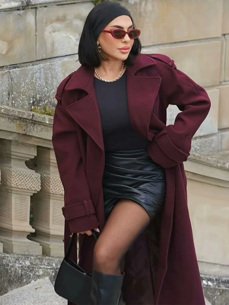 Lace Up Lapel Collar Woolen Womens Long Coats Double Breasted Belt Jackets Chic Fashion Tops Straight Loose Autumn Clothes 251029