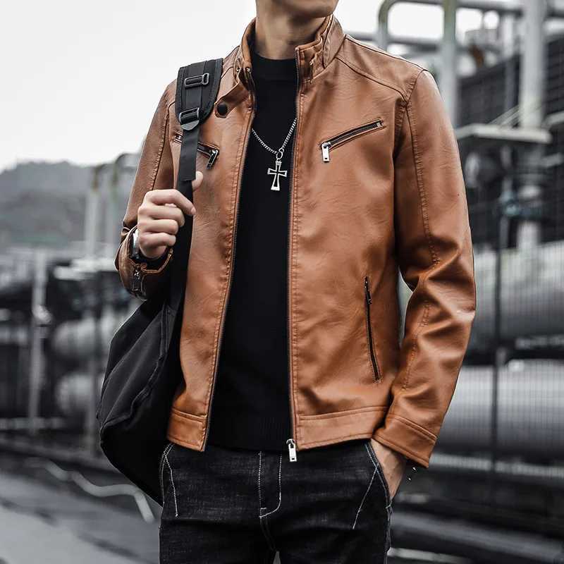 Mens PU leather jacket mens trendy youth stand collar punk mens motorcycle leather jacketT251029
