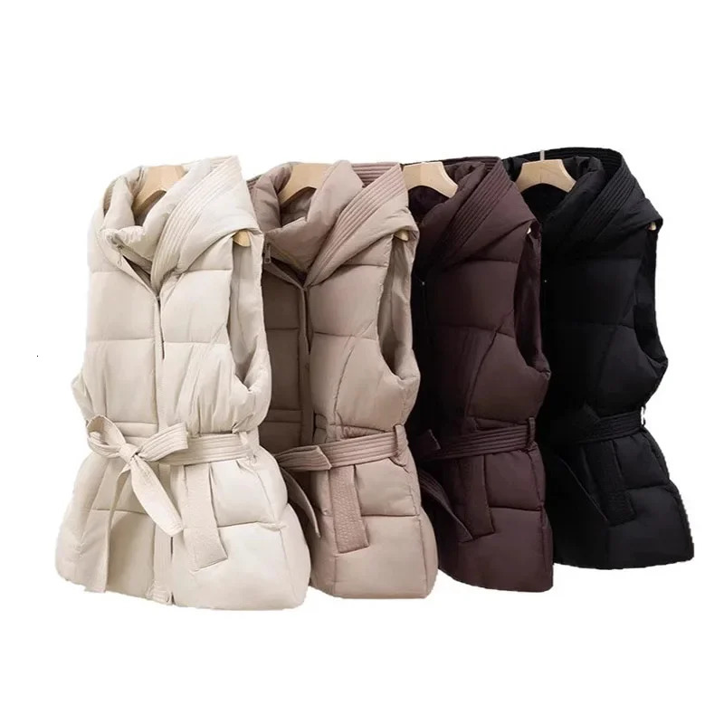 Womens Quilted Puffer Vest Thicken Warm Winter Hooded Coat Solid Color Sleeveless Padded Outwear Cropped Button Zip Up 251027