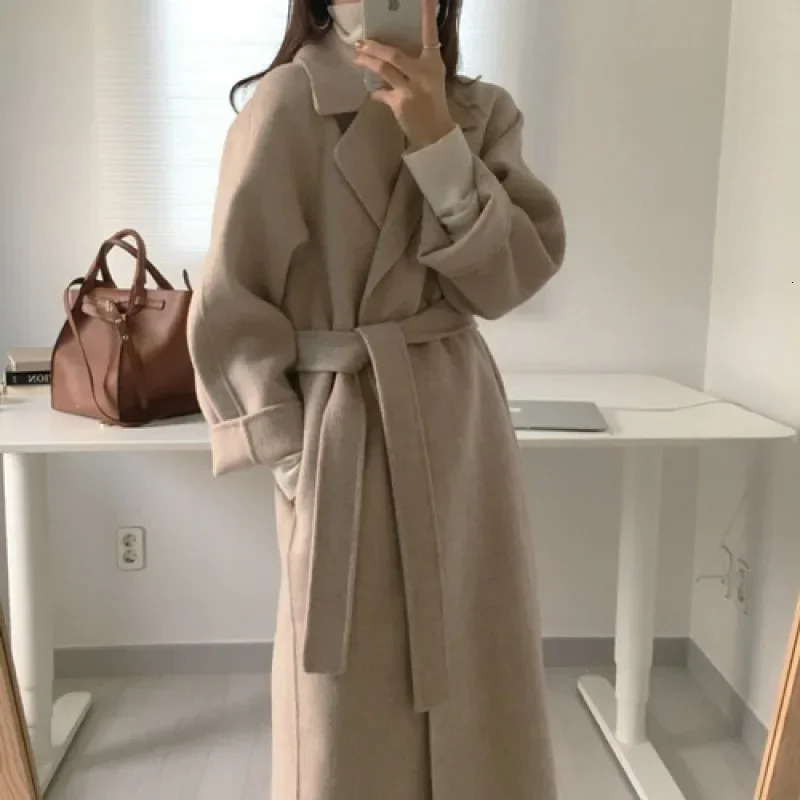 Long Wool Coats Women Midi Waist Lace Up Belt Blends Splice Full Sleeve Cardigan Solid Thick Warm Jackets Straight Winter 251028