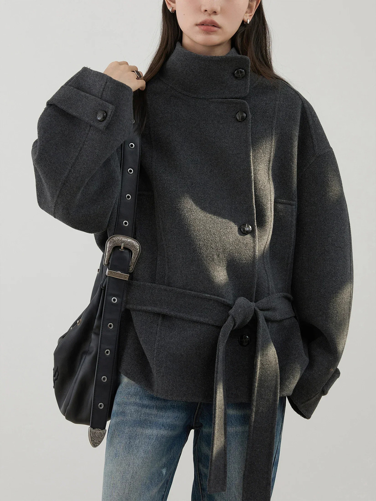 CHIC VEN Womens Doublesided Belt Woolen Coat Short Loose Overcoat Solid Female Outerwear Woman Jackets Autumn Winter 251029