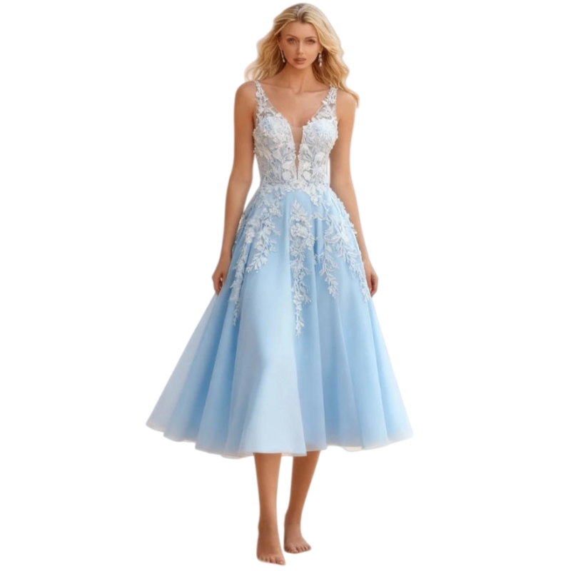 Light Sky Blue Beach Wedding Dresses Tea Length A-Line Tulle Bridal Gowns With Ivory Lace Appliques Straps V-Neck Sleeveless Vacation Bride Dress 2026