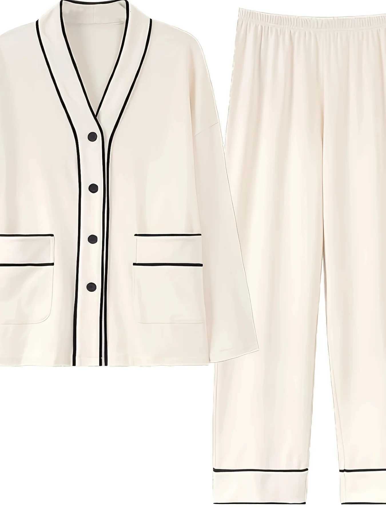 2Piece New Womens Pajama Set for Autumn Minimalist ColorBlock VNeck Elegant Cardigan Design Premium LoungewearT251029