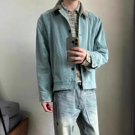 Trendy Right Shoulder Jacket Men Peacock Green Short Autumn Winter Washed Vintage Turn-down Collar Color-blocking Workwear Designer Jacket Jacket Soft
