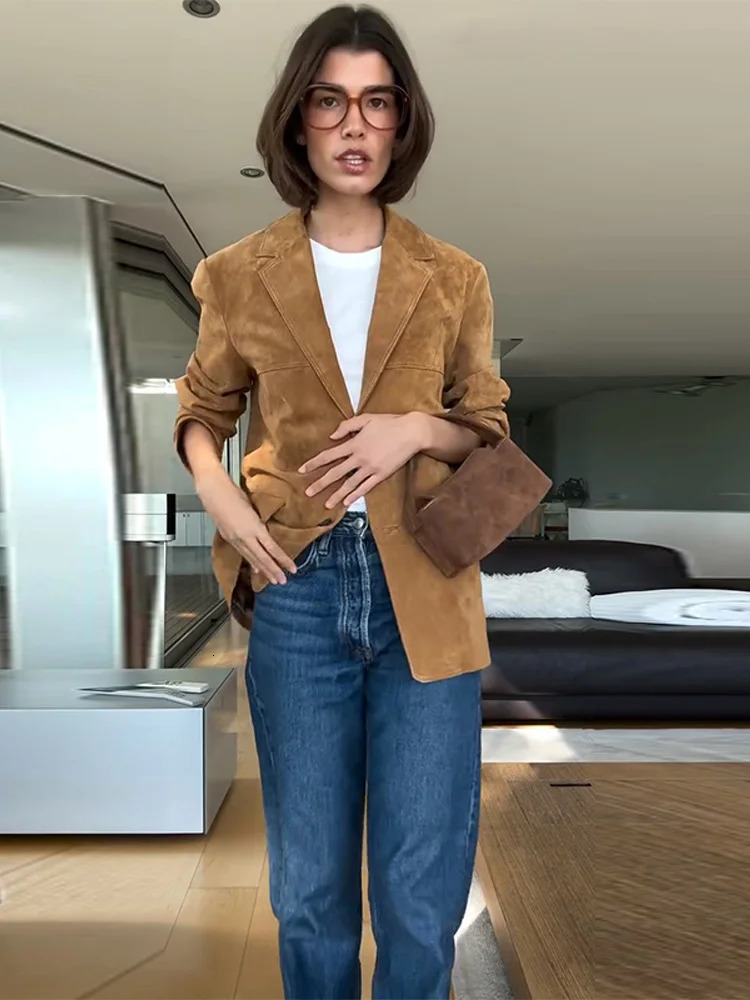 Vintage Suede Single Breasted Female Jackets Chic Long Sleeve Lapel Coats for Women Spring Lady Outerwear High Street 251021