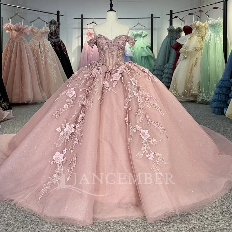 Green Shiny Ball Gown Quinceanera Dresses Off The Shoulder Applique Lace Beads Bow Tull Party Birthday Sweet 16 Dress Vestidos 15 De