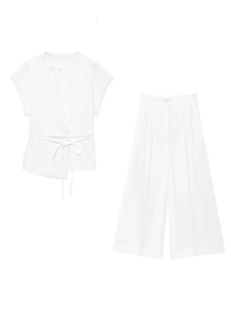 TFMLN Fashion Womens Trouser Suits Sleeveless VNeck Top With Belt Straight Pants Sets 2025 Spring Summer 2 Piece Set 251013