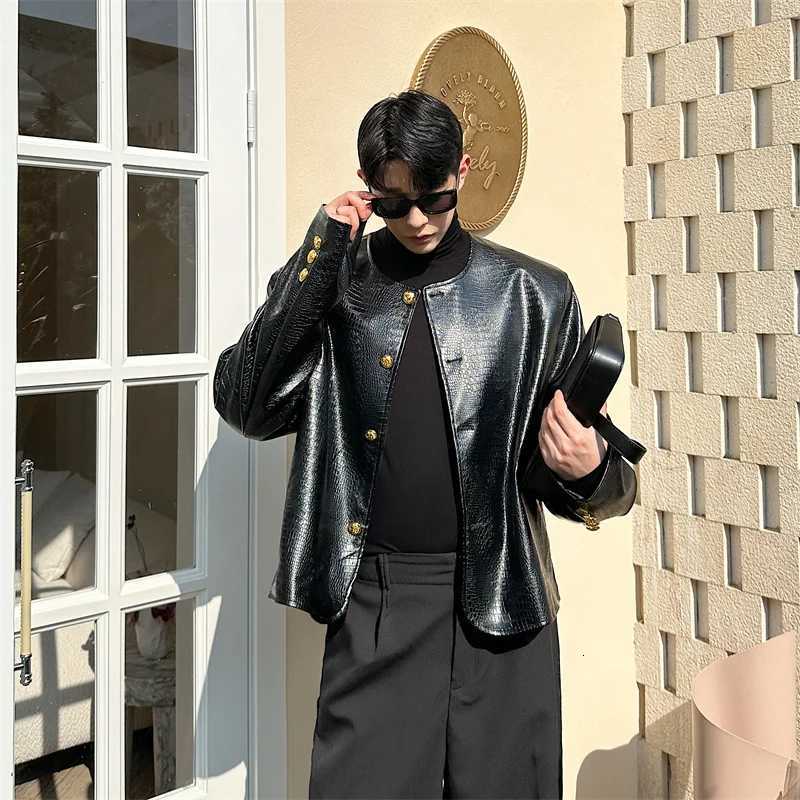 SYUHGFA Korean Style Mens Coats PU Leather Crocodile Pattern Round Collar Single Breasted Solid Color Casual Male Jackets 2024T251029