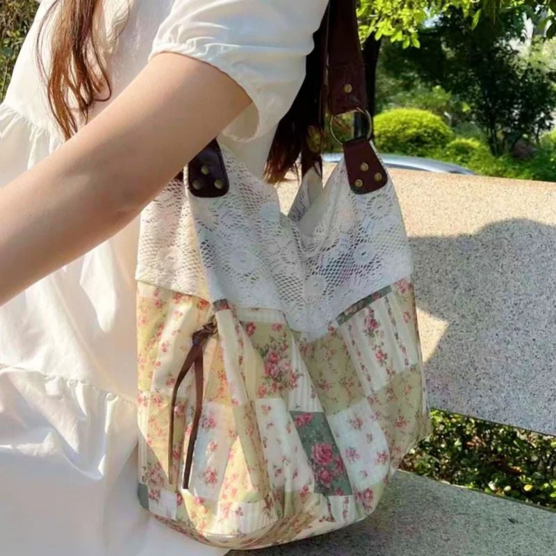 Vintage Contrast Color Patchwork Handbags Women Fairy Floral Print Chic Underarm Bag Casual Shopping Shoulder Bags Y2k Aesthetic 251029