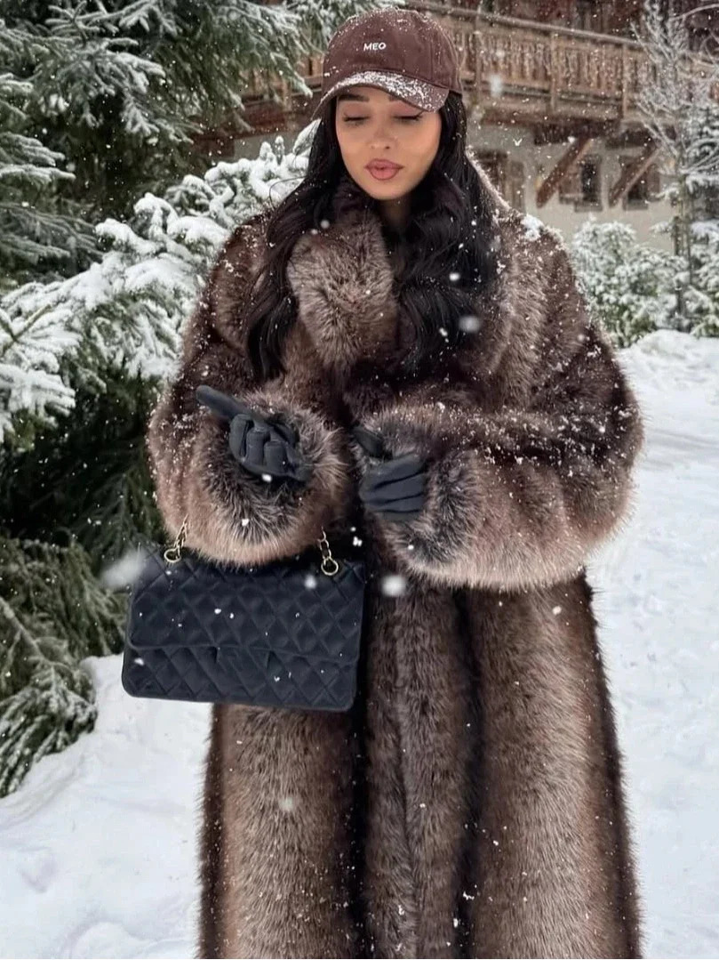 Lapel Long Faux Fur Coat For Women Solid Full Sleeve Furry Loose Jackets Fashion Ladies Winter Warm High Street Outerwear 251029