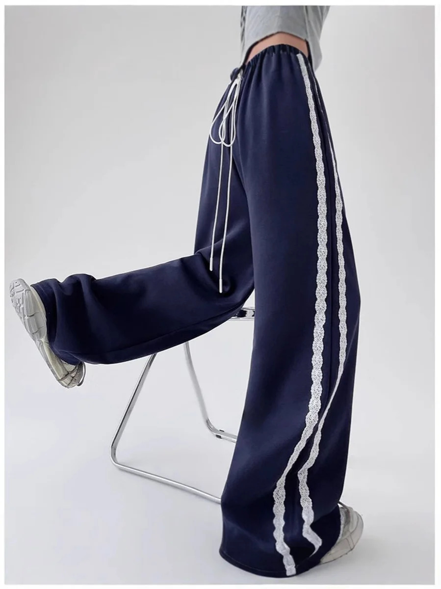 Harajuku Splice Drawstring Sports Casual Pants Womens Lace Patchwork Loose Wide Leg Long Trousers Fall Style Straight Match 251029