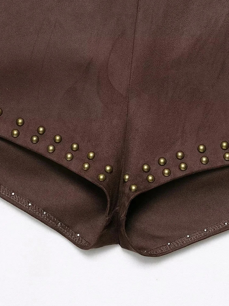 Woman Sexy Chic Rivet Velvet Leather Suit Sleeveless Top Mini Shorts Fashion Summer Holiday Party Set 251029
