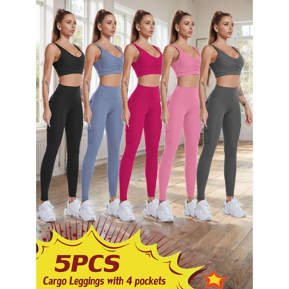 High Waist Yoga with Pockets, Multipack Butt Lifting Tummy Control Workout Running 4 Way Stretch Cargo Sports Pants, 5pcs Leggings Set