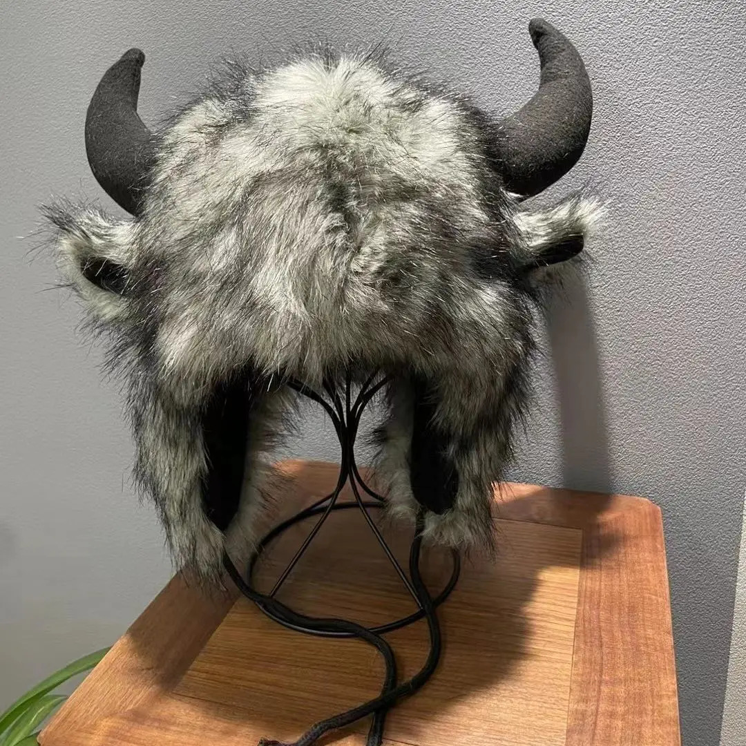 Fox Fur Cow Horn Decoration Cap Winter Warm Ear Protection Wind Snow Women Men Halloween Party Cosplay Hat 251029
