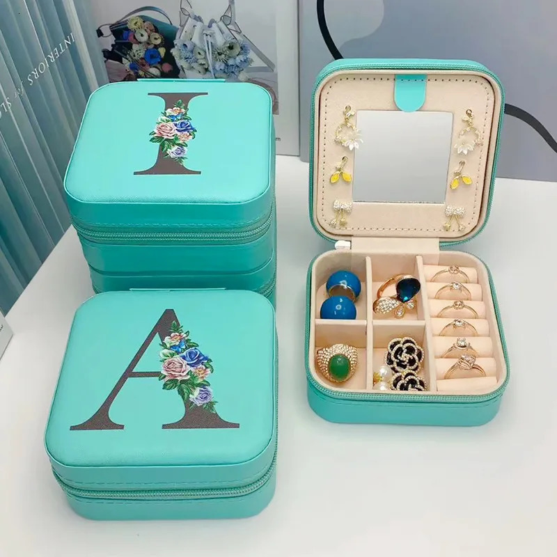 Black Alphabet Flower Print Jewelry Boxes Blue Personalized Box Girls Organizer Case for Wedding Party Gift 251013