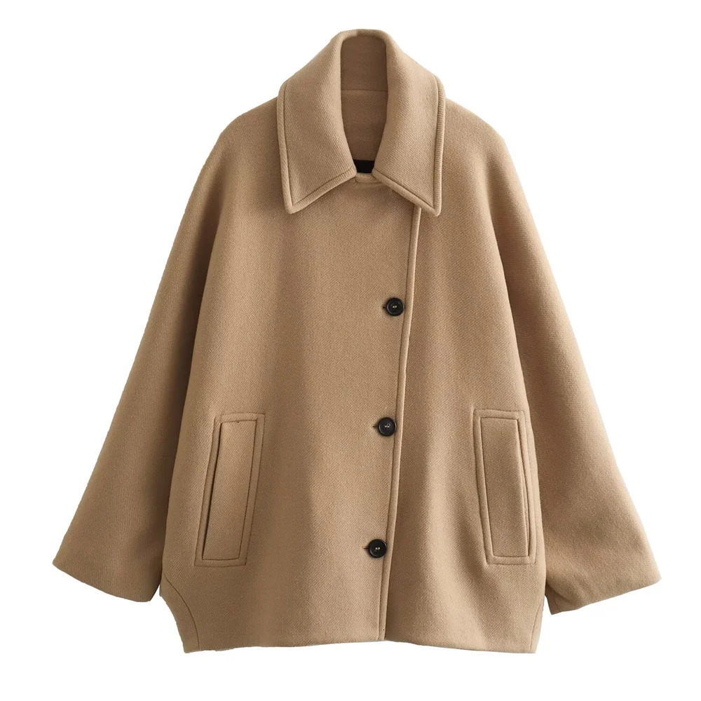 UNIZERAShort Blended Coat for Women Casual Polo Neck Personalized Top Cloak Sleeve Winter 251029
