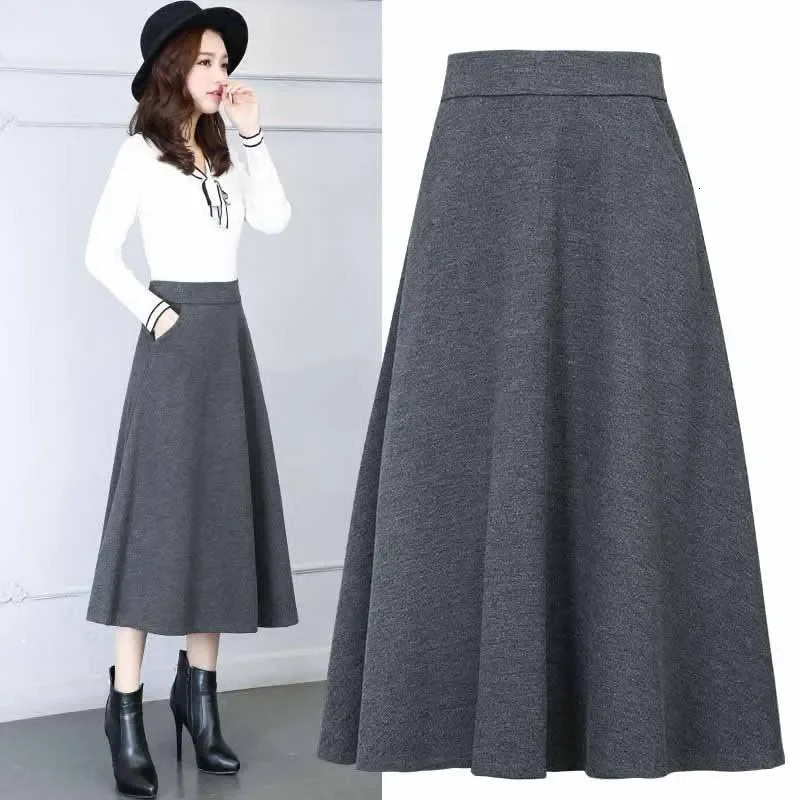 SMVP Winter Womens Long Woolen Skirt Elegant High Waist Wool A Line Skirts Female Casual Thick Warm Pocket Maxi Skirts Lady 251028