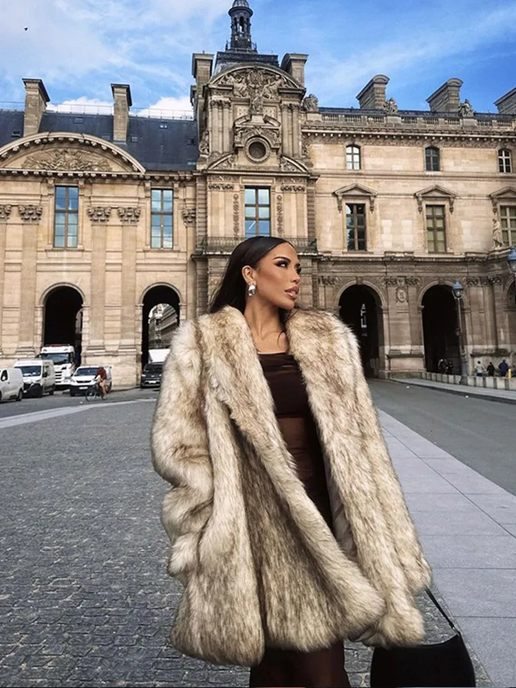 Winter Lady Luxurious Lapel Faux Fur Coats Fashion High Street Long Sleeve Oversize Cardigan Jacket Thick Warm Female Outerwear 251029