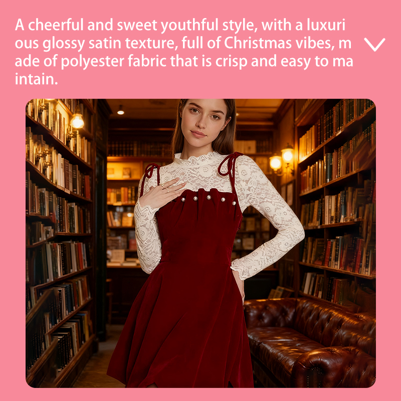 Prom Dresses Women's Burgundy Velvet Suspender Dress with Lace Top, Pearl Detail Mini Party Dress, Vintage-Inspired Cocktail & Holiday Wear YJY00