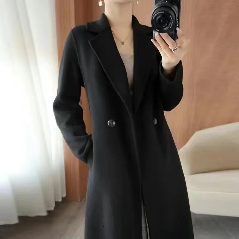 Autumn 100 Double Sided Cashmere Coat Womens Winter Slim Temperament Wool Coats Solid Casual Female Long Overcoat 251029