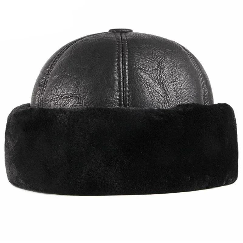 Thick Outdoor Warm Winter Hat Men Black Fur Leather Russian Male Windproof Snow Ski Cap Fleece Lined 251029