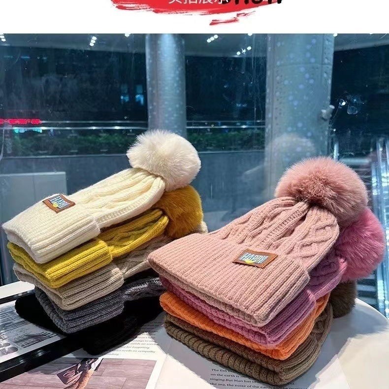 Women's Winter Fleece Lining, Warm Knitted with Pom-Pom, Korean Style Trendy Versatile Thickened Cold-Proof Hat
