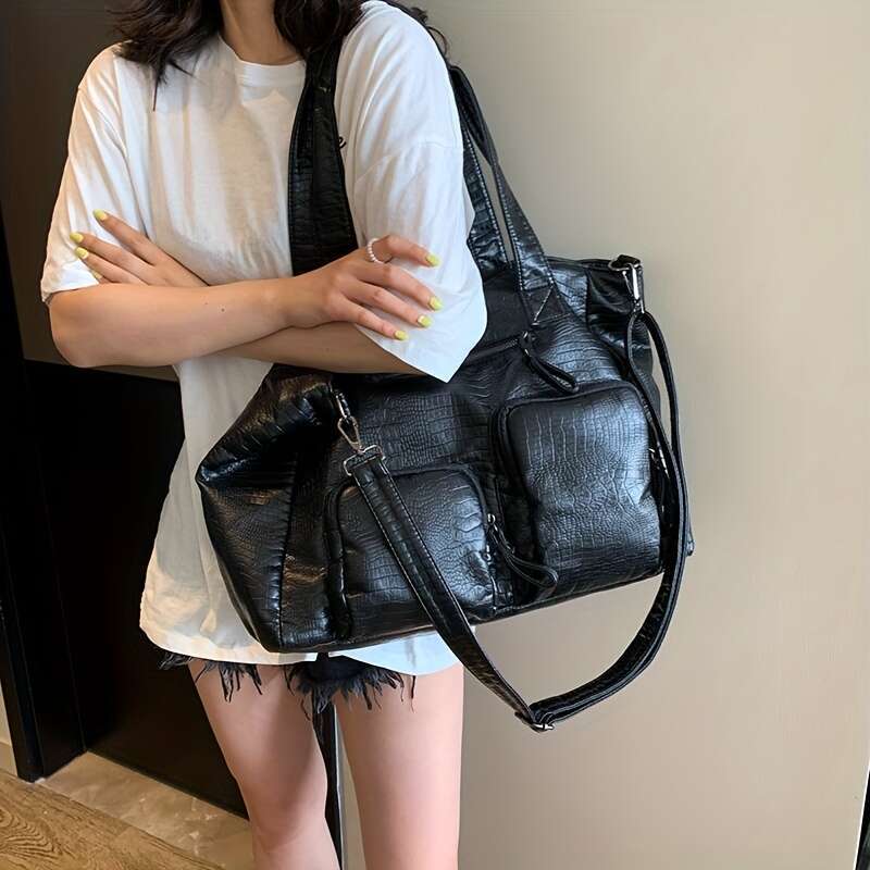 Black Crocodile Pattern For Women Capacity Multi Shoulder, Stylish Versatile For, Work, Shopping, Travel, And Everyday Use, Travel Modern