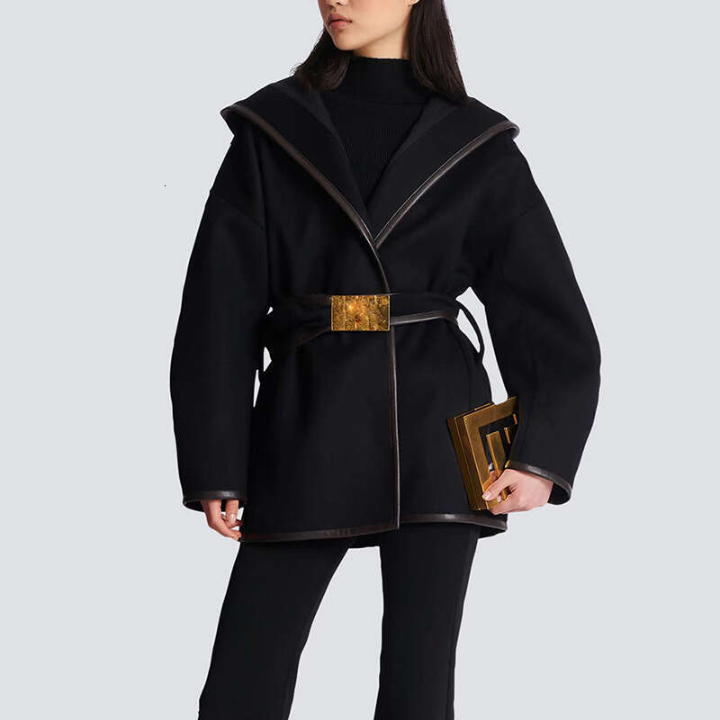 2025 New Celebrity Hooded Belted Batwing Sleeve Mid-Length Woolen Jacket Coat