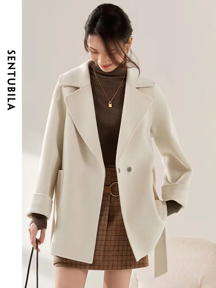 SENTUBILA Women Winter Wool Coats Elegant TurnDown Collar DoubleFaced Open Stitch Overcoat Commute Coat For Woman W24O42199 251029