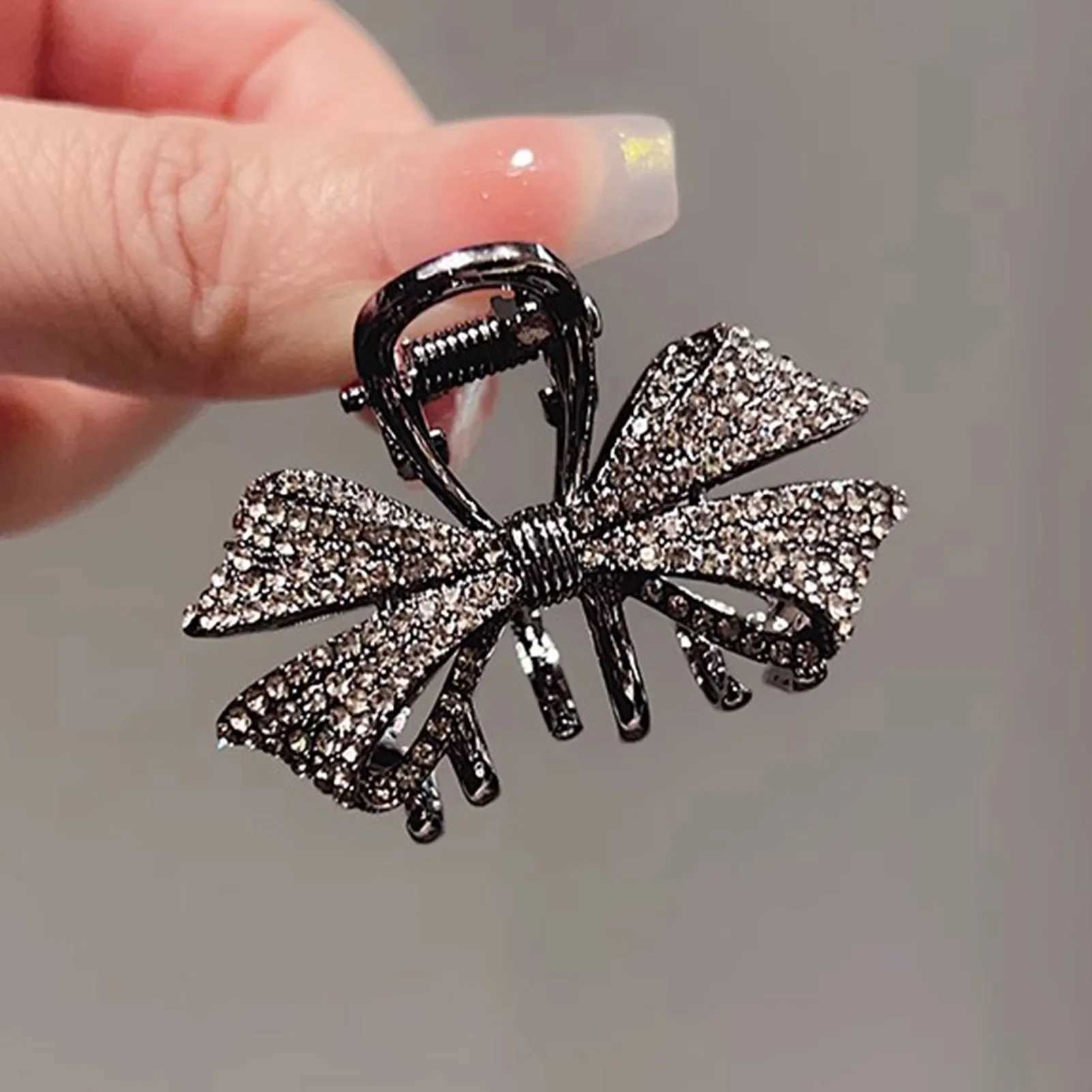 Black Bowknot Hair Claw Clip Sparkly Rhinestone Mini Simple Hairpin for Women Girls Elegant Snap Clip for Bangs Hair HolderW251028
