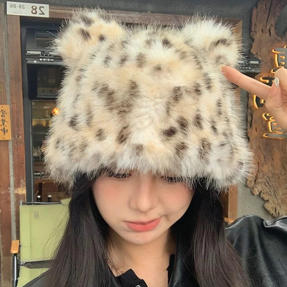 Fur Bucket Hats Women Plush Leopard Print Teddy Bear Hat Thick Autumn Winter Lady Fashion Fisherman Cap Ear Protection 251013