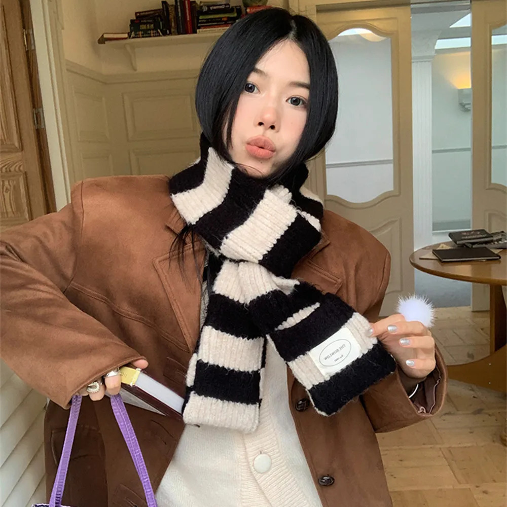 Y2K Black White Striped Knitted Wool Scarf Women Winter Retro Scarf Fashion Korean Thin Narrow Long Scarf Thicken Neckerchief 251029
