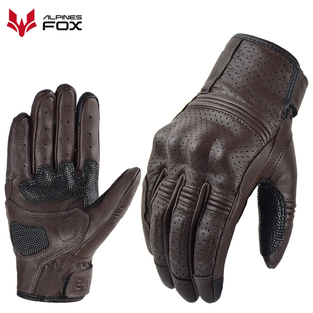 Retro Motorcycle Leather Gloves Perforated Summer Breathable Touch Screen Motobike Cycling Accessories Full Finger Protective 251013