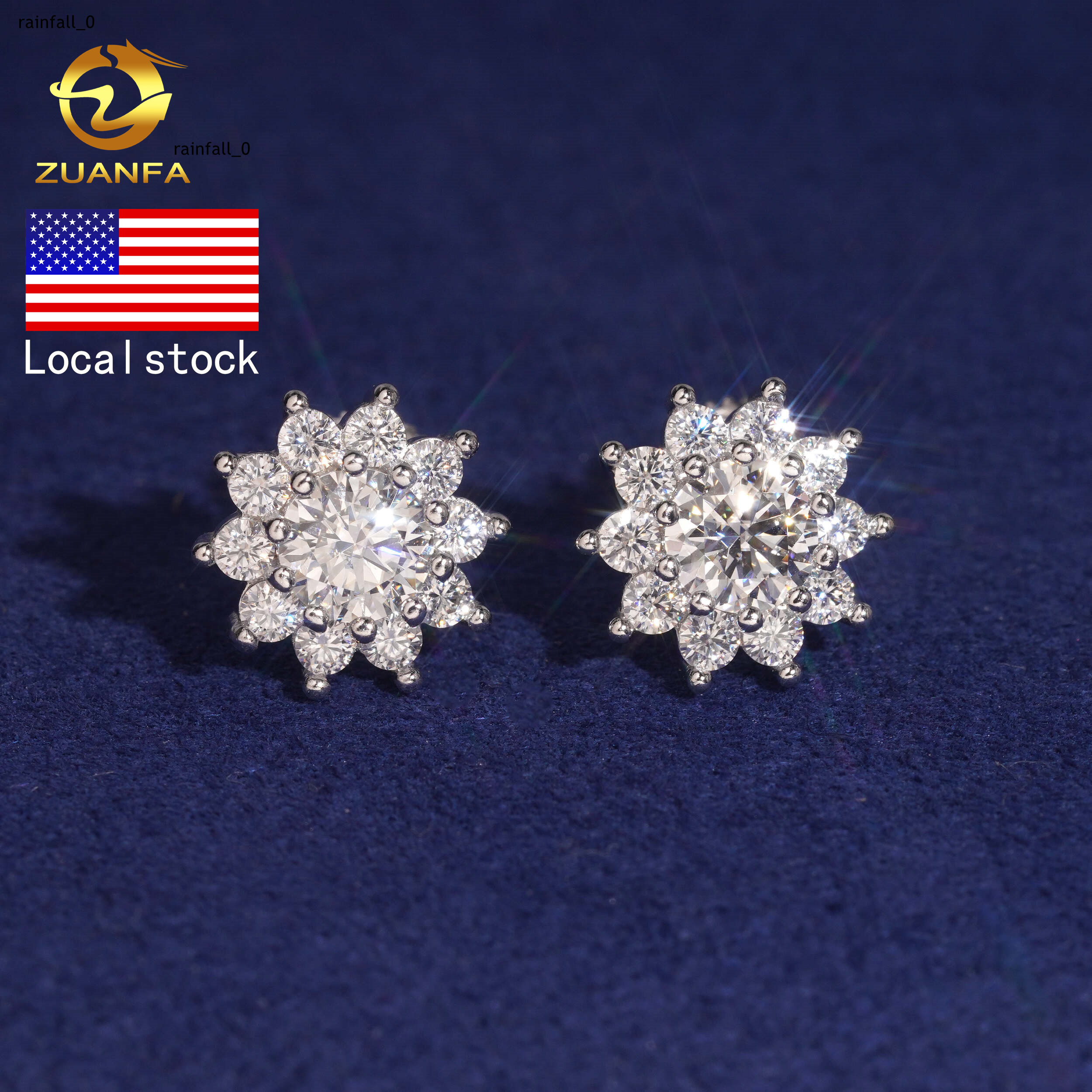 USA Local Stock 10mm Flower Moissanite Iced Out Stud Earrings Cluster Hip Hop 925 Silver Ear Studs Pass Diamond Tester