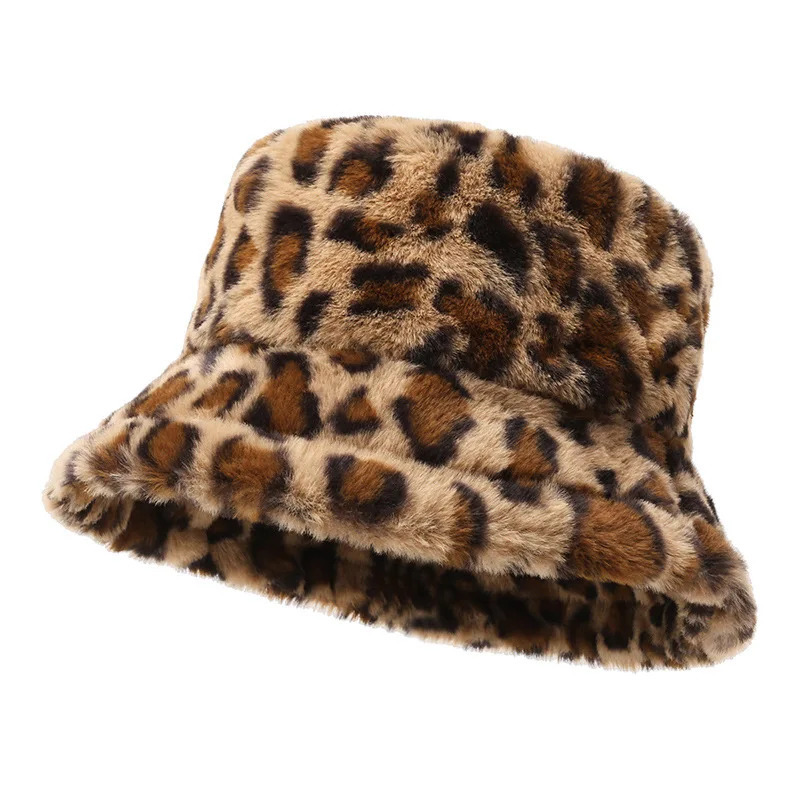 WomenS Leopard Print Plush Bucket Hat Adjustable Lightweight Winter with Fluffy Faux Fur Trim Casual Stylish 251013
