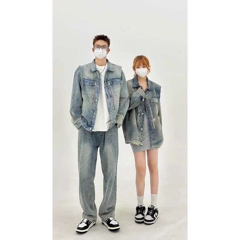 2025 American Heavy Industry Washed Straight Shoulder Padded Designer Jacket Denim Jacket For Men And Women Spring New High-end Trendy Top