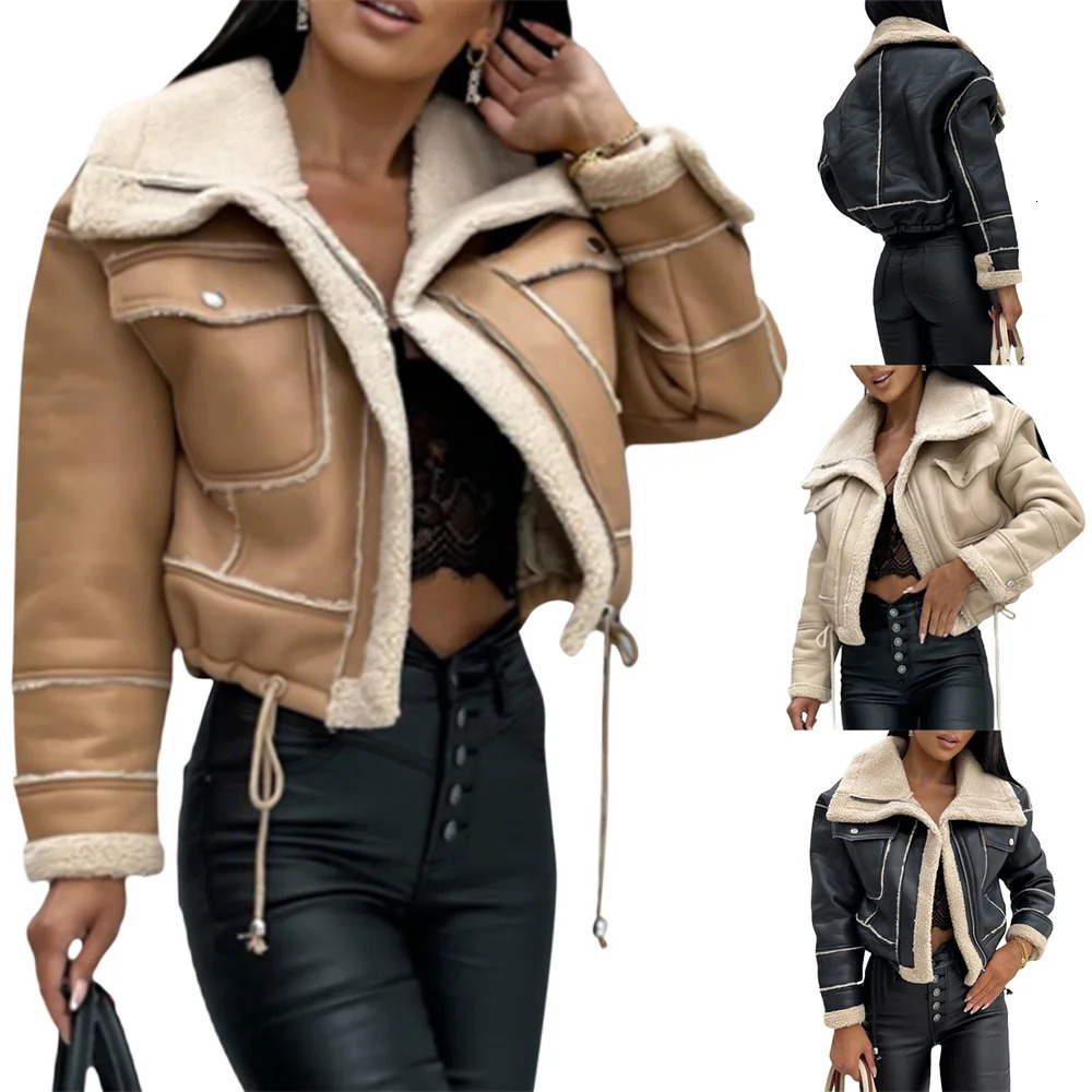 Women PU Patchwork Warm Plush Jacket Fashion Winter Long Sleeve Zipper Short Coats Streetwear with Pockets Outwear 251029