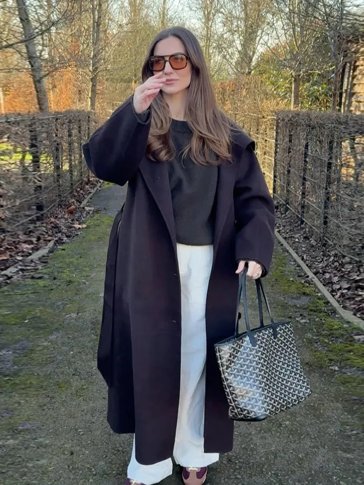 Elegant Womens Long Woolen Blend Coat Lace Up Stand Collar Full Sleeve Solid Overcoat 2025 Autumn Winter Lady Outwear 251029